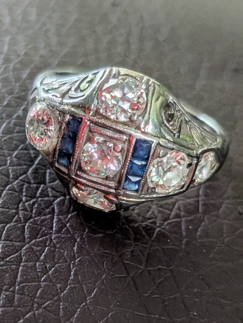 Antique White Gold Diamond Sapphire Ring 4 1/4